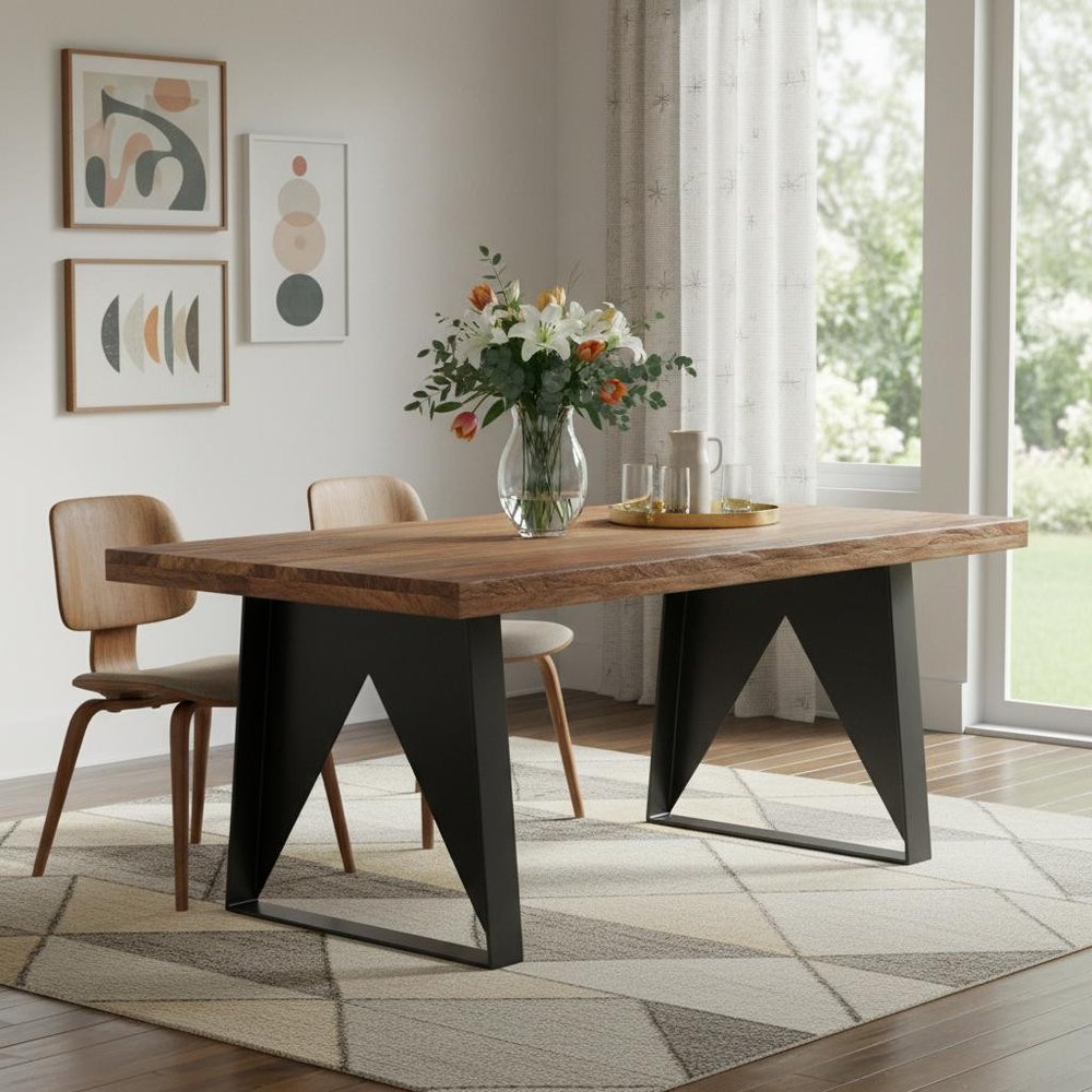 Brown and Black Solid Wood and Iron Live Edge Dining Table - 80-inch