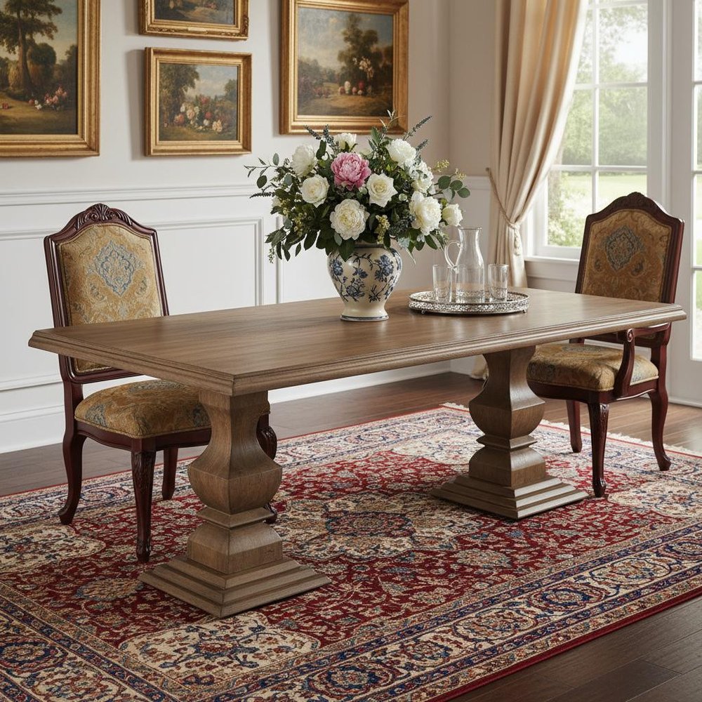 Brown Solid Wood Double Pedestal Base Dining Table - 96-inch