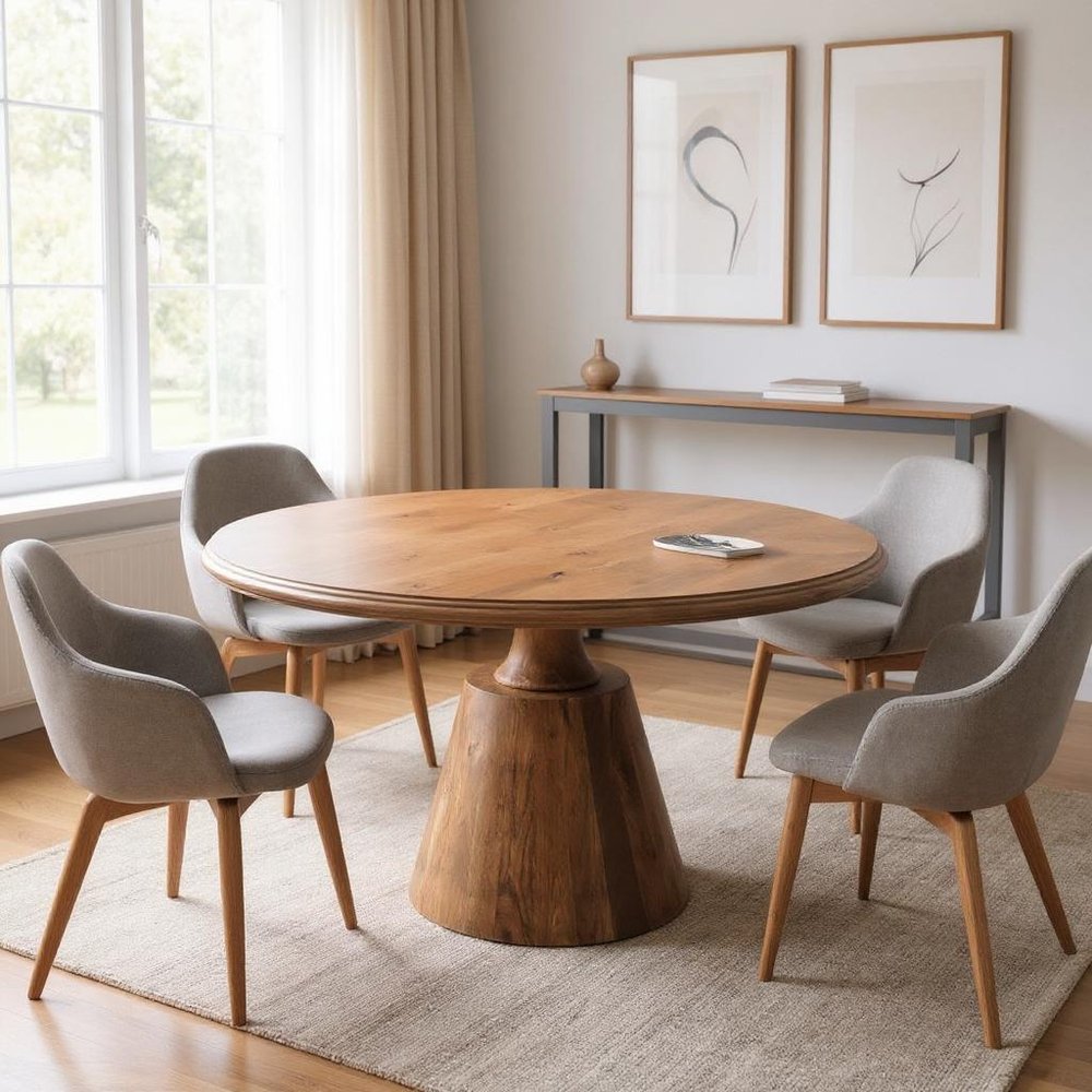 Natural Wood Pedestal Base Round Top Dining Table - 48-inch