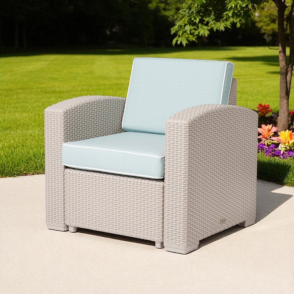 Gray Heavy Duty Plastic Outdoor Club Chair with Blue Cushion - 33-inch