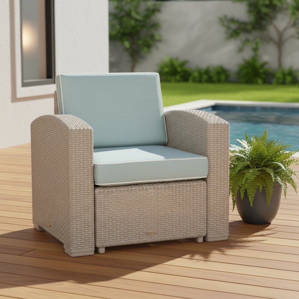 Gray Heavy Duty Plastic Outdoor Club Chair with Blue Cushion - 33-inch