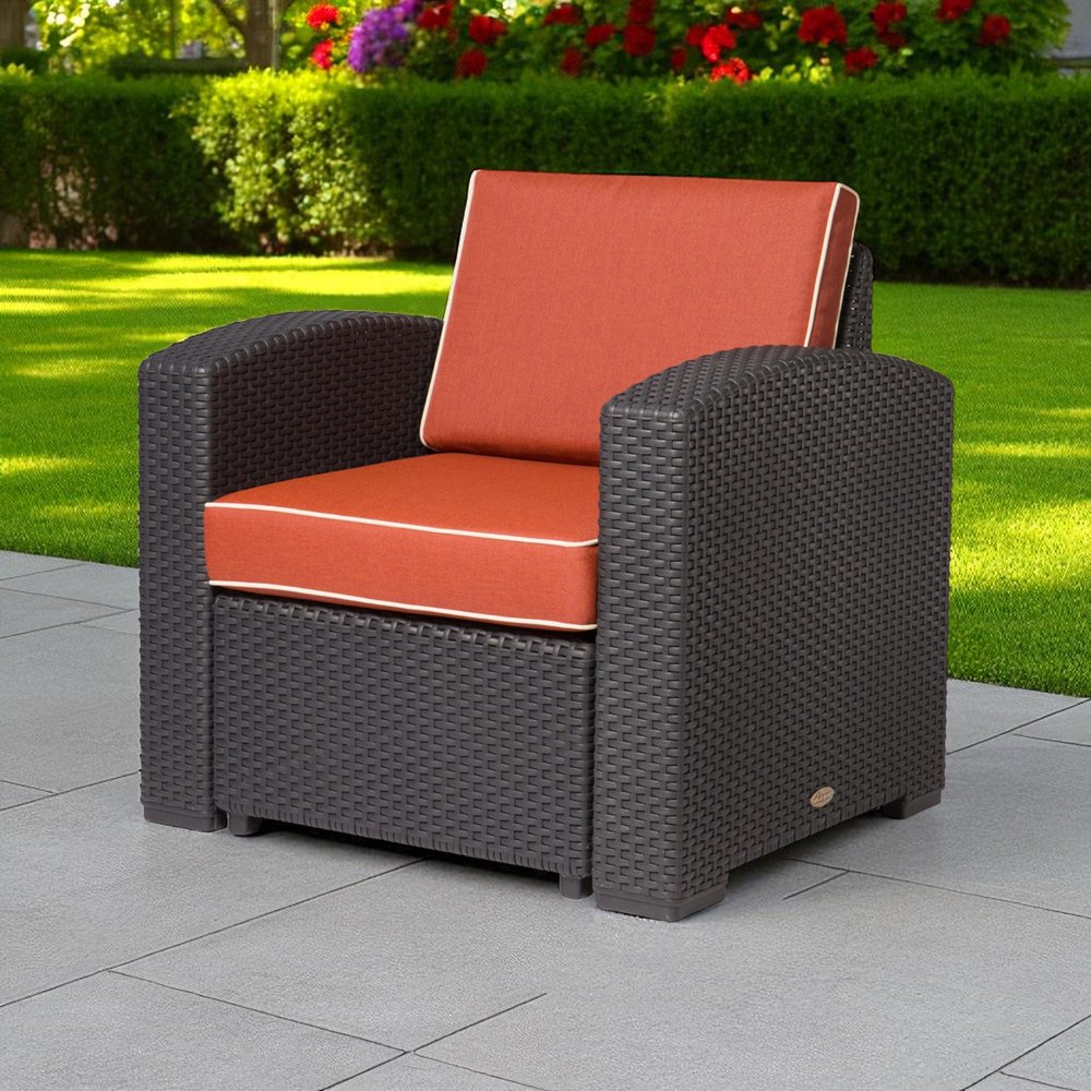 Black Heavy Duty Plastic Outdoor Club Chair with Red Cushion - 33-inch