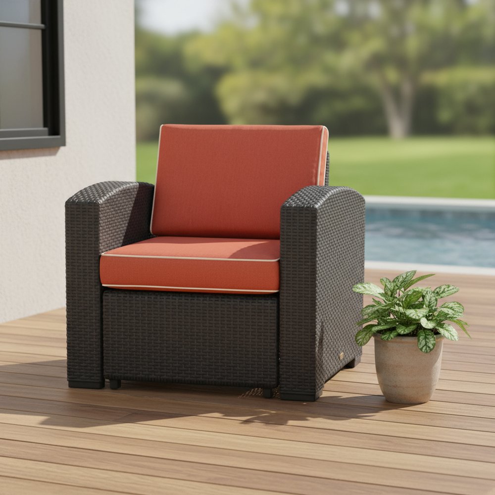 Black Heavy Duty Plastic Outdoor Club Chair with Red Cushion - 33-inch