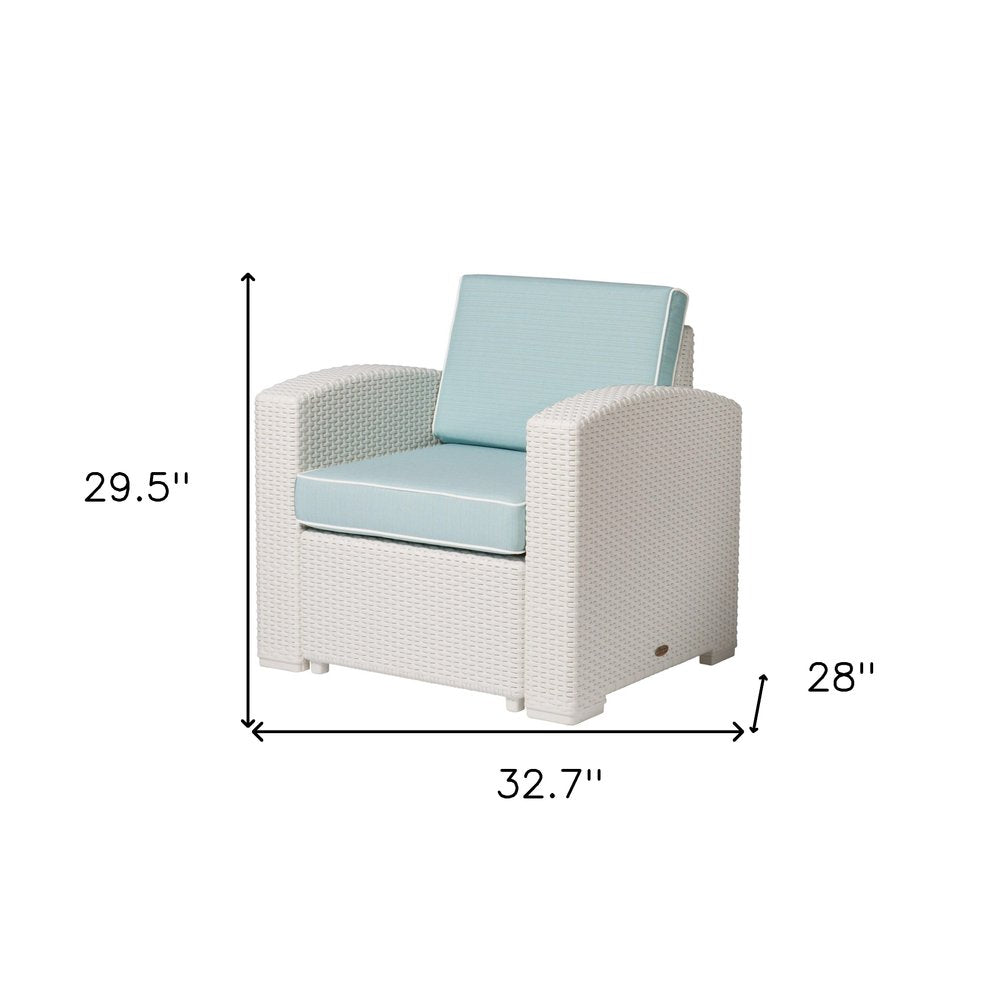 White Heavy Duty Plastic Outdoor Club Chair with Aqua Blue Cushion
