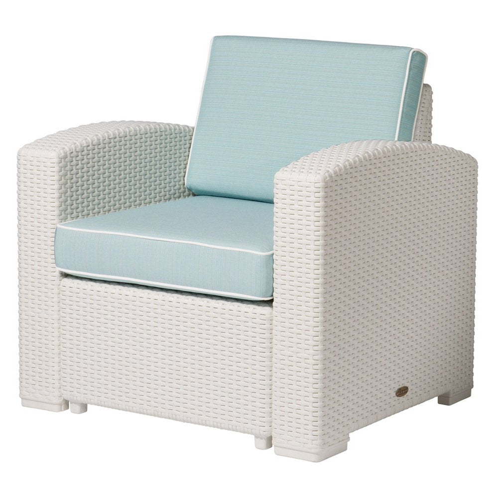 White Heavy Duty Plastic Outdoor Club Chair with Aqua Blue Cushion