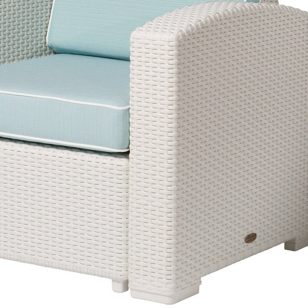 White Heavy Duty Plastic Outdoor Club Chair with Aqua Blue Cushion