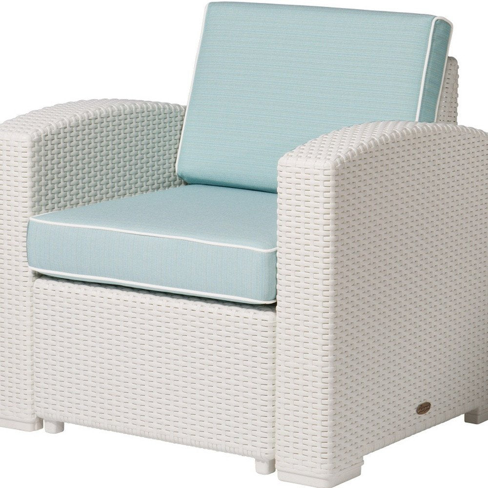 White Heavy Duty Plastic Outdoor Club Chair with Aqua Blue Cushion
