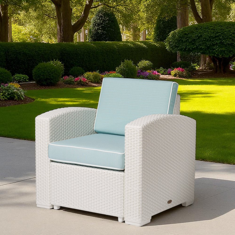White Heavy Duty Plastic Outdoor Club Chair with Aqua Blue Cushion