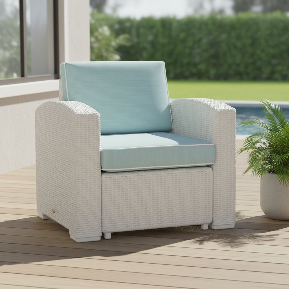 White Heavy Duty Plastic Outdoor Club Chair with Aqua Blue Cushion