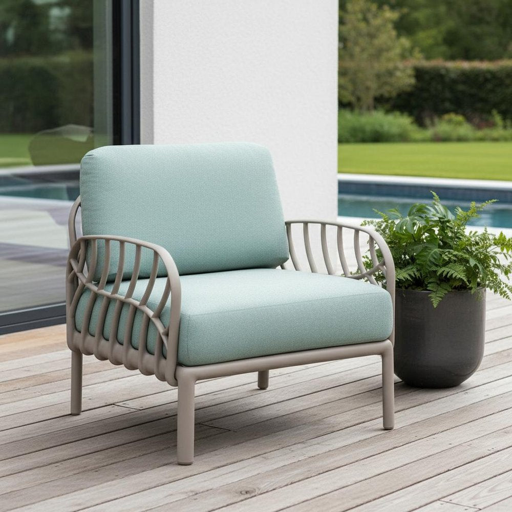Gray Heavy Duty Plastic Outdoor Armchair with Sea Green Cushion