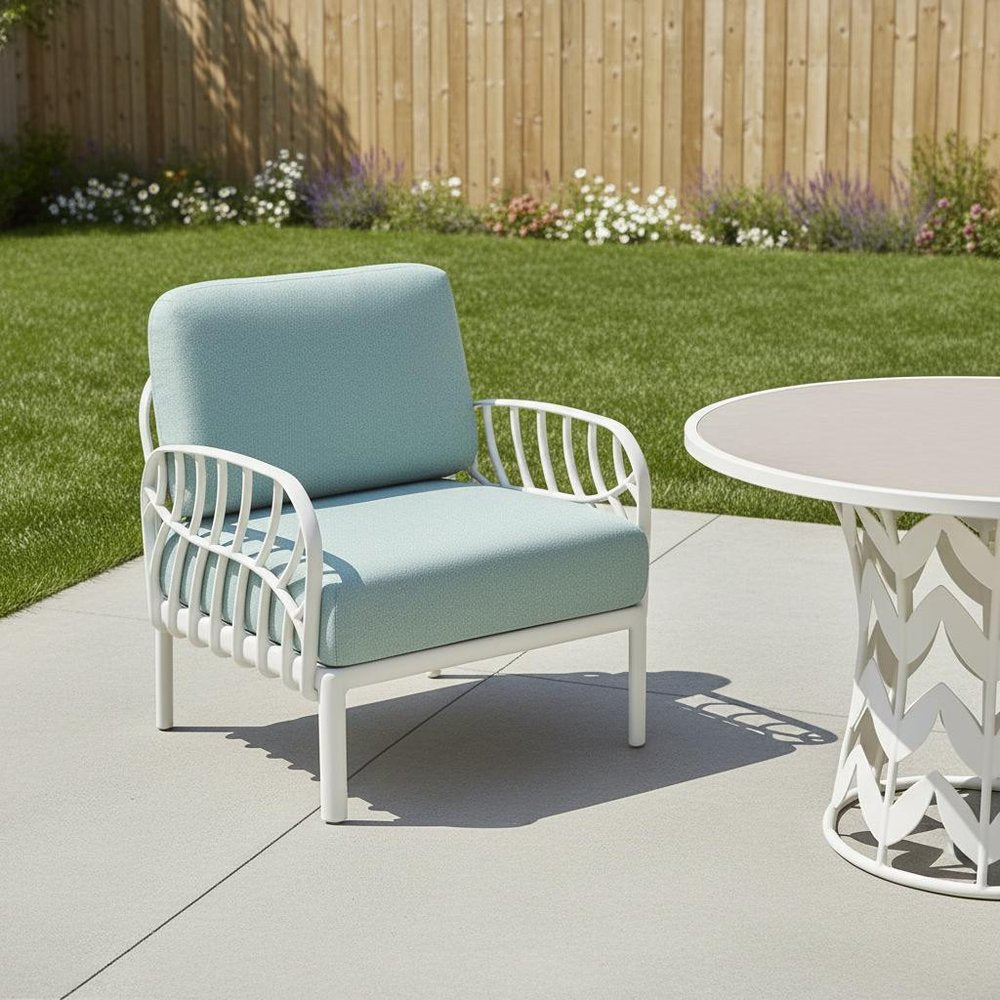 White Heavy Duty Plastic Outdoor Armchair with Sea Green Cushion