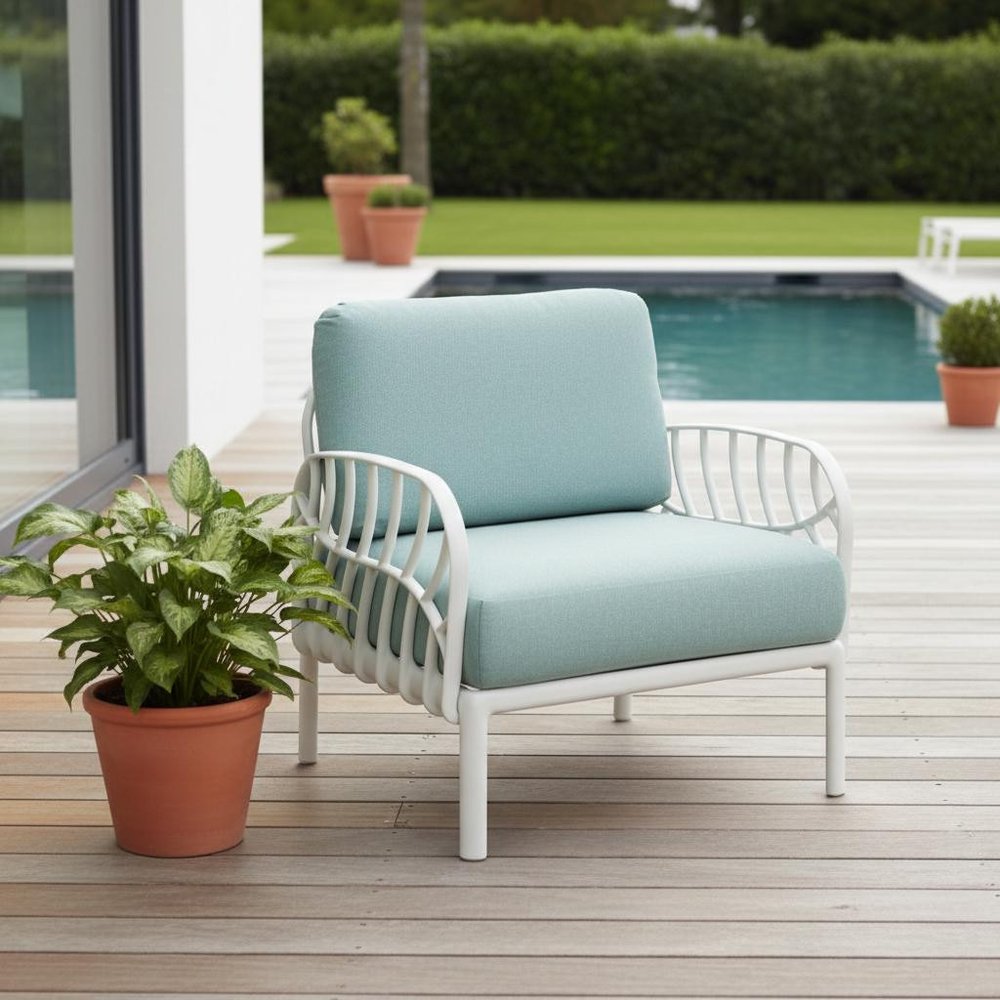 White Heavy Duty Plastic Outdoor Armchair with Sea Green Cushion
