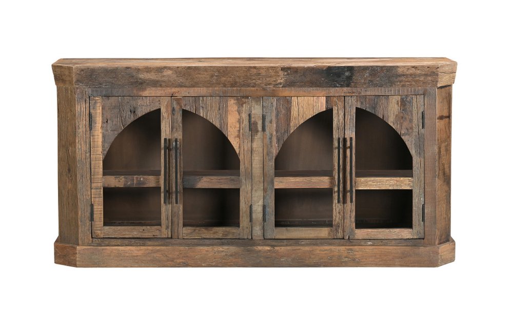Brown Distressed Reclaimed Wood Sideboard with Four Glass Doors - 72-inch