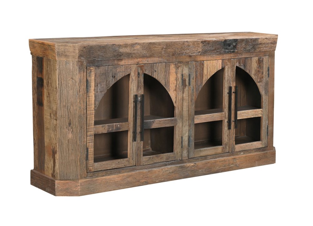 Brown Distressed Reclaimed Wood Sideboard with Four Glass Doors - 72-inch