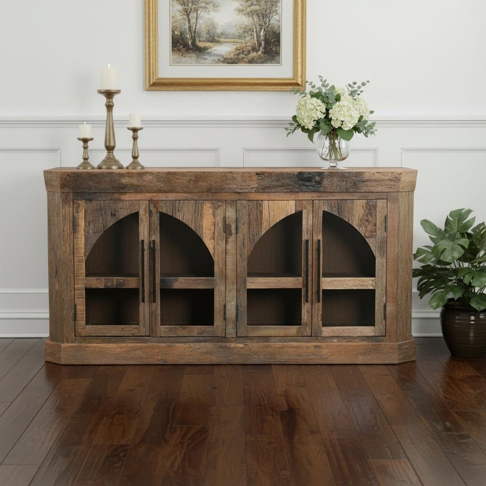 Brown Distressed Reclaimed Wood Sideboard with Four Glass Doors - 72-inch