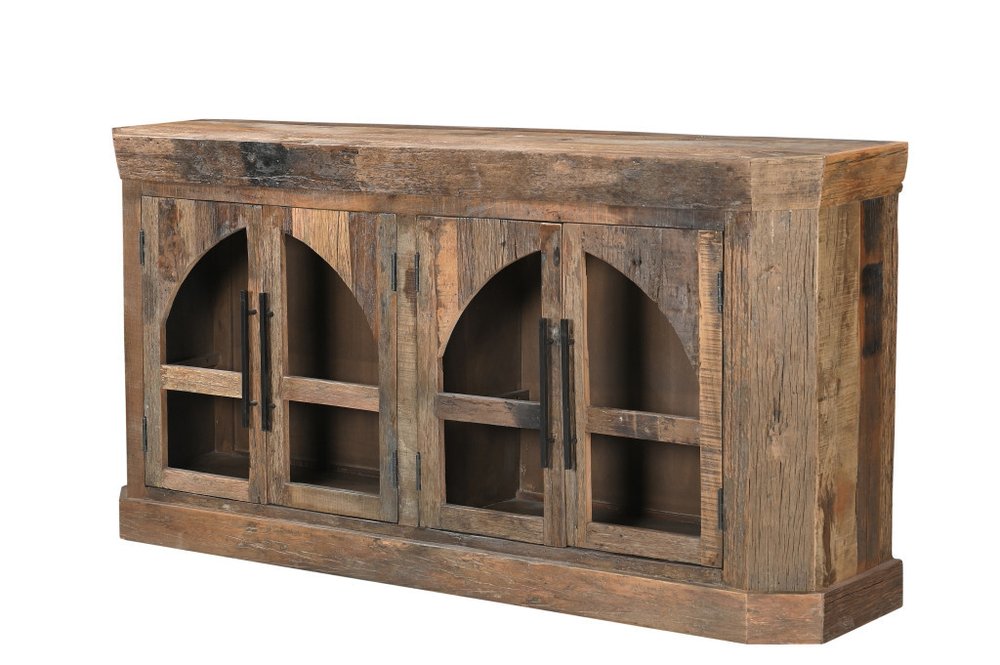 Brown Distressed Reclaimed Wood Sideboard with Four Glass Doors - 72-inch