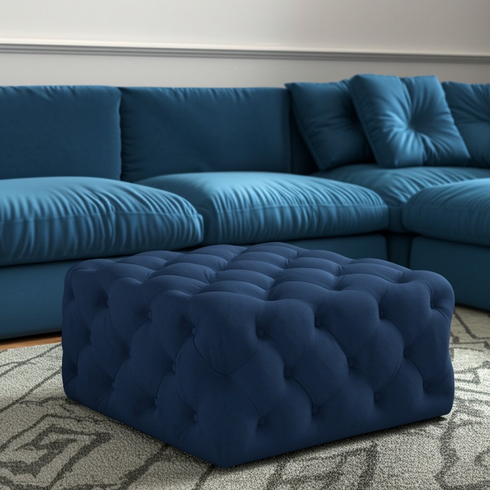 Navy Blue Velvet Rolling Tufted Cocktail Ottoman - 33-inch