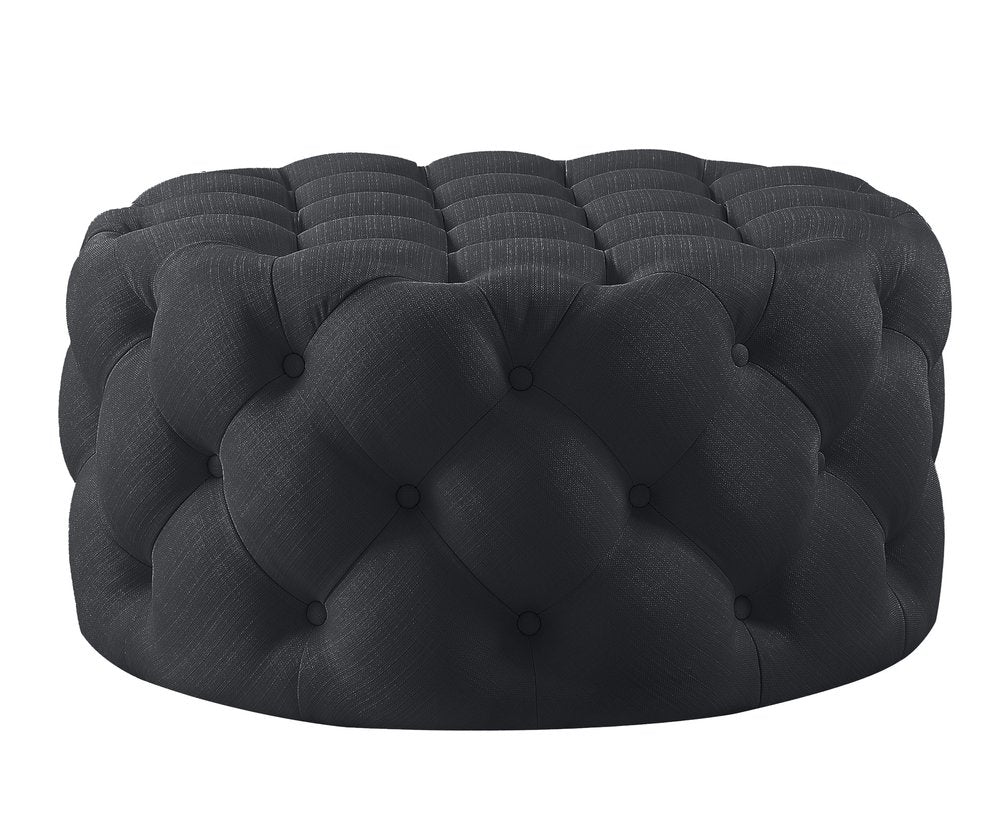 Black Linen Tufted Round Cocktail Ottoman - 33-inch