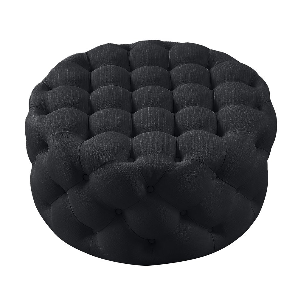 Black Linen Tufted Round Cocktail Ottoman - 33-inch