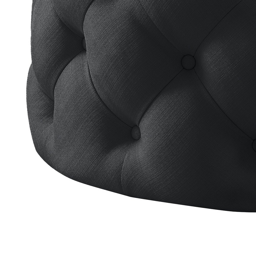 Black Linen Tufted Round Cocktail Ottoman - 33-inch