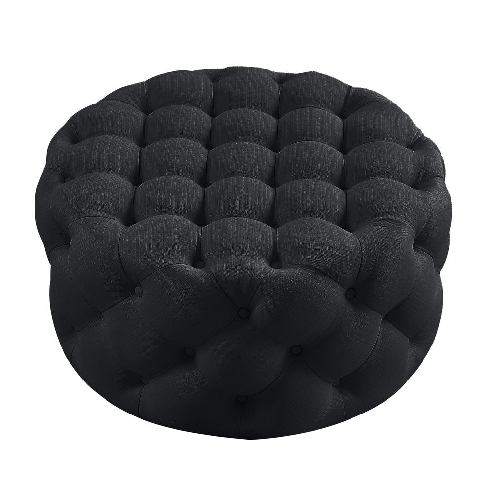 Black Linen Tufted Round Cocktail Ottoman - 33-inch