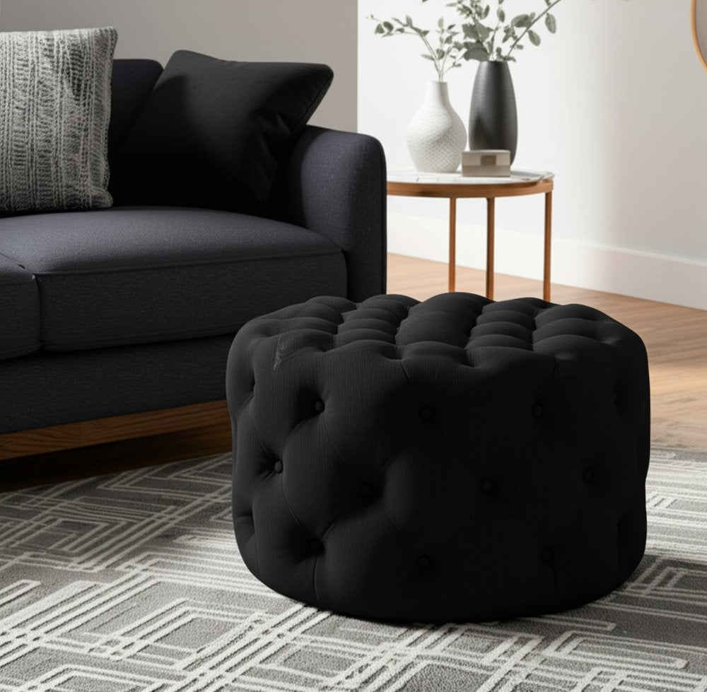 Black Linen Tufted Round Cocktail Ottoman - 33-inch