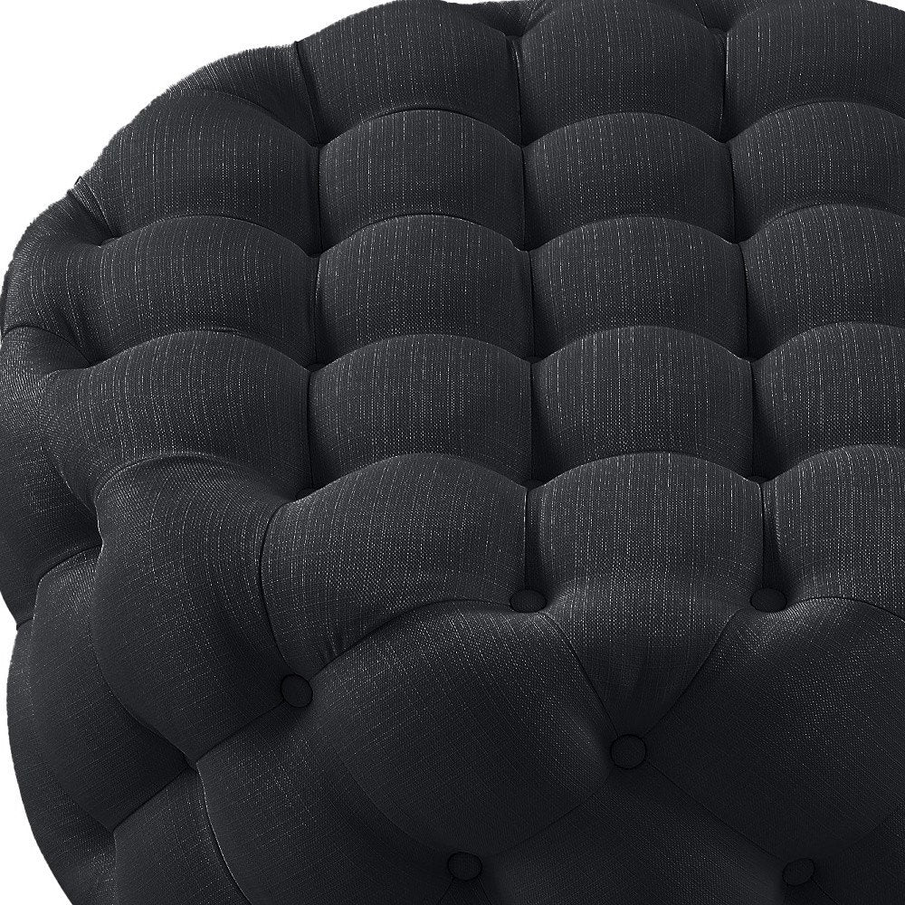 Black Linen Tufted Round Cocktail Ottoman - 33-inch