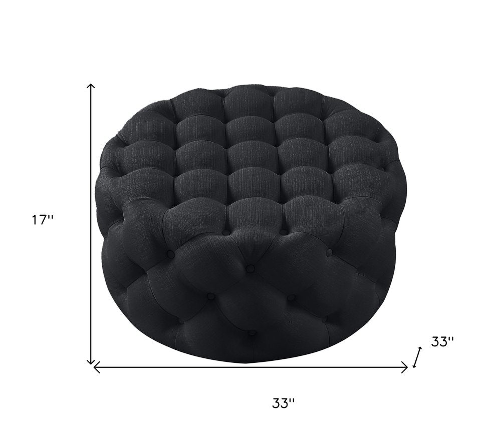 Black Linen Tufted Round Cocktail Ottoman - 33-inch