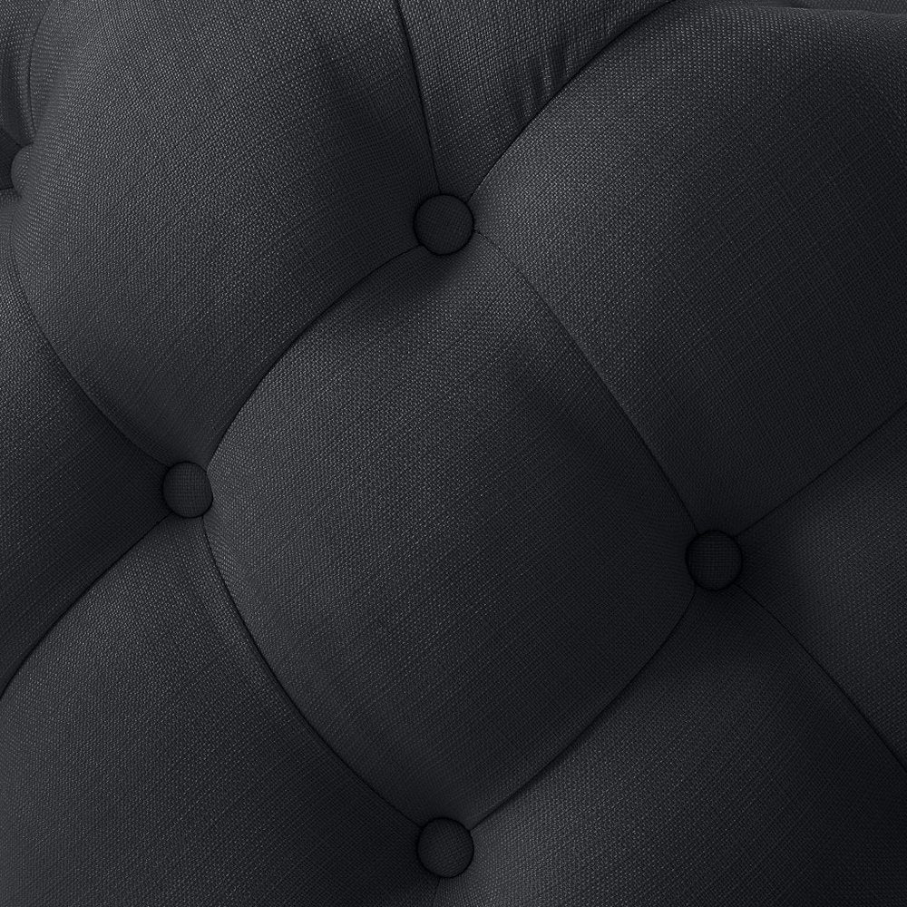 Black Linen Tufted Round Cocktail Ottoman - 33-inch
