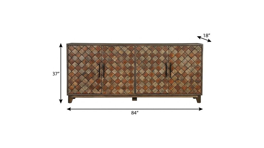Brown Distressed Solid Wood Carved Geometric Sideboard with Four Doors - 84-inch