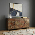 Brown Distressed Solid Wood Carved Geometric Sideboard with Four Doors - 84-inch