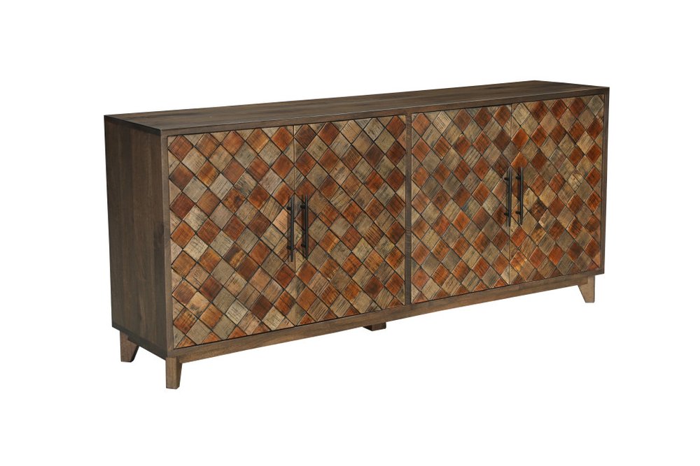Brown Distressed Solid Wood Carved Geometric Sideboard with Four Doors - 84-inch