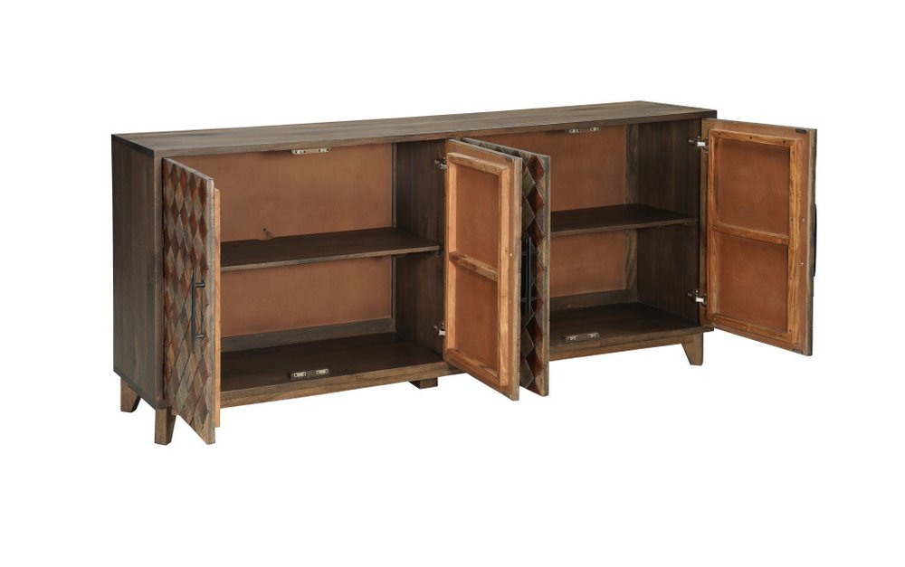 Brown Distressed Solid Wood Carved Geometric Sideboard with Four Doors - 84-inch