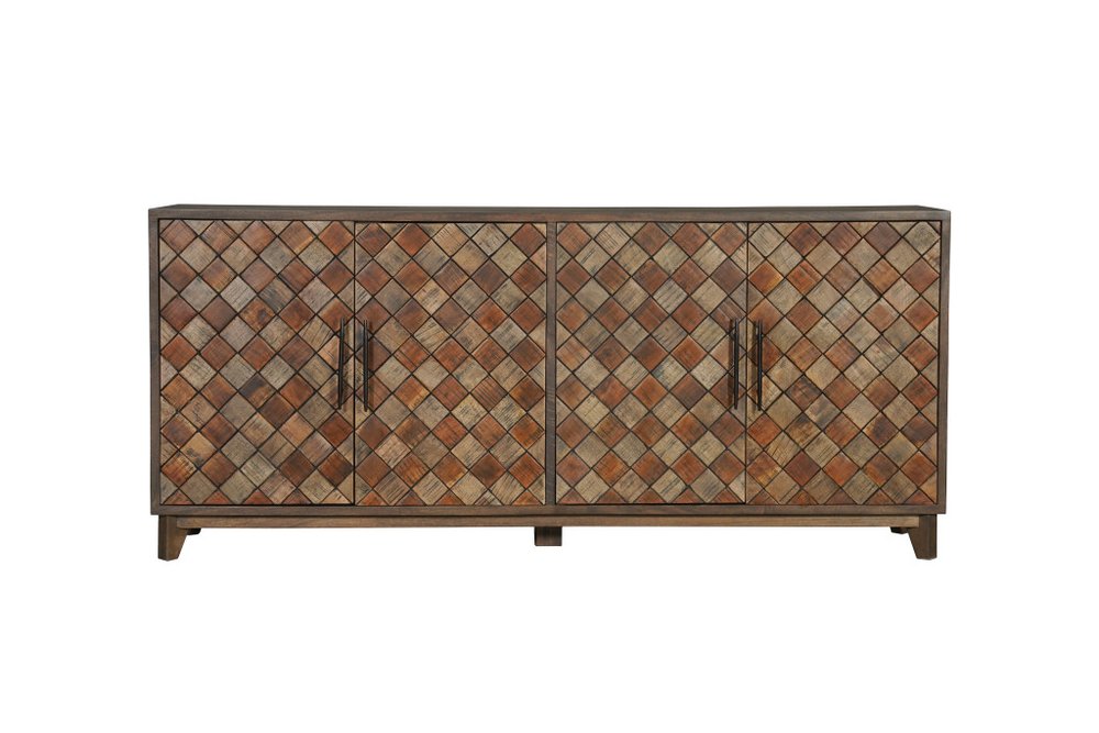 Brown Distressed Solid Wood Carved Geometric Sideboard with Four Doors - 84-inch