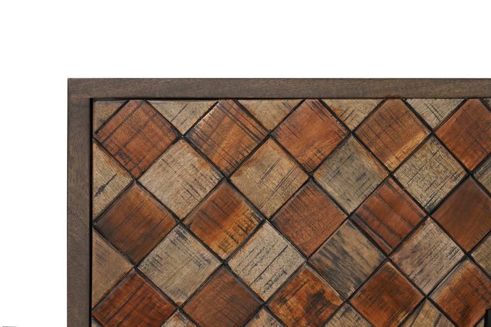 Brown Distressed Solid Wood Carved Geometric Sideboard with Four Doors - 84-inch
