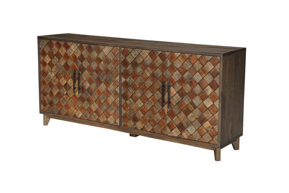 Brown Distressed Solid Wood Carved Geometric Sideboard with Four Doors - 84-inch