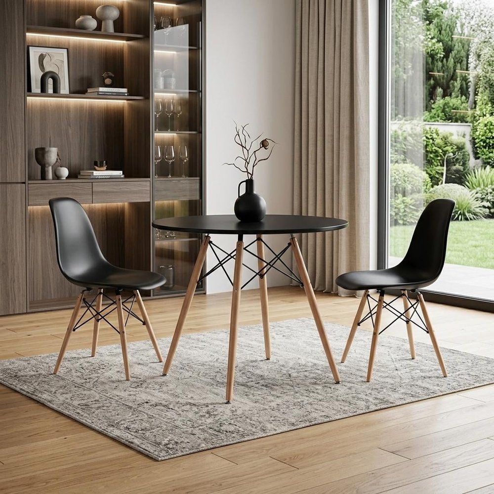 Black and Natural Wood Round Top Dining Table - 32-inch