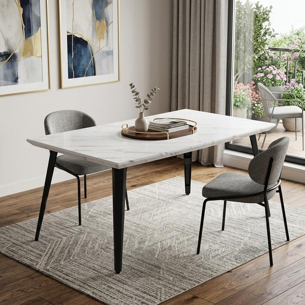 White and Black Faux Marble and Metal Dining Table - 63-inch