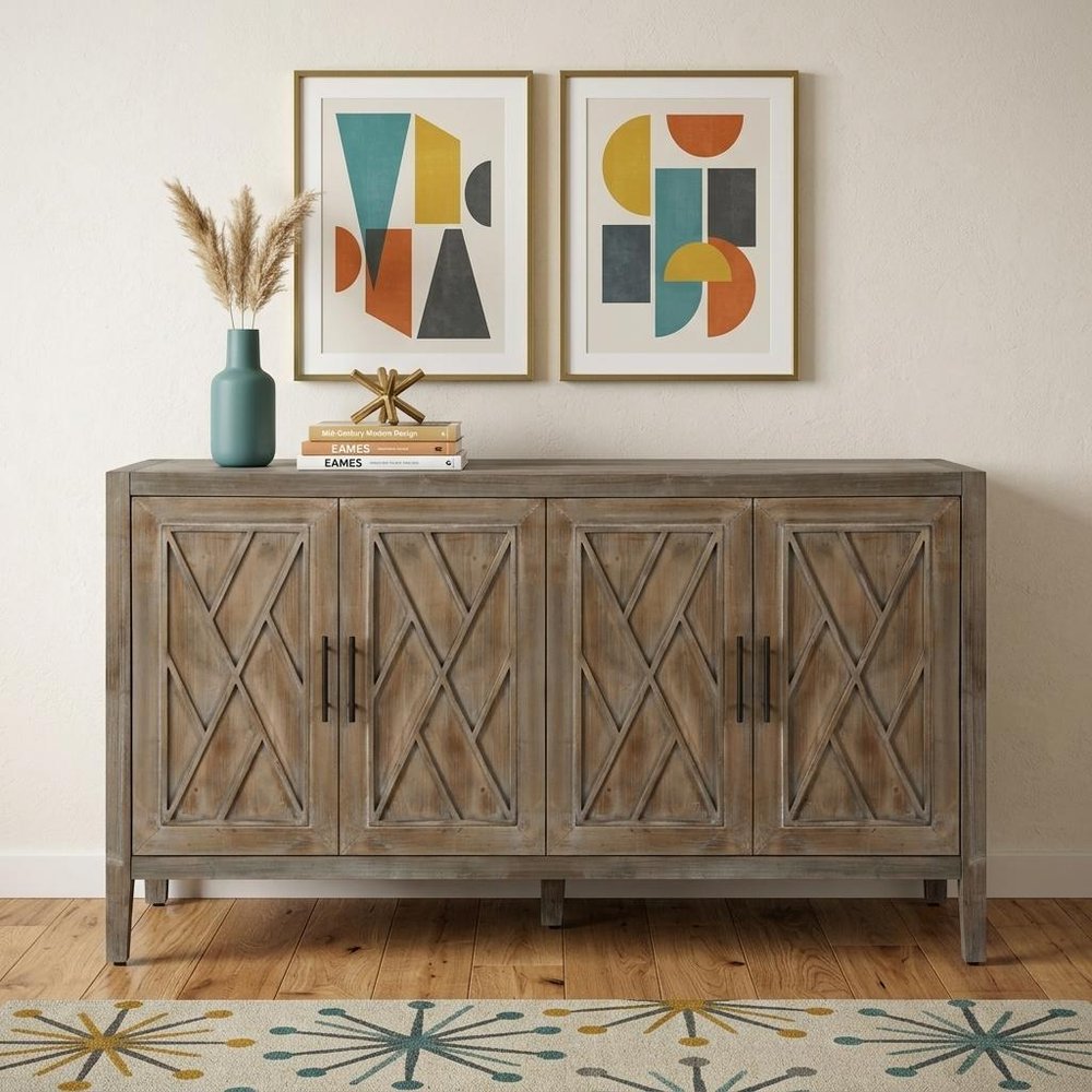 Natural and Brown Distressed Carved Geometric Sideboard with Four Doors