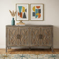 Natural and Brown Distressed Carved Geometric Sideboard with Four Doors