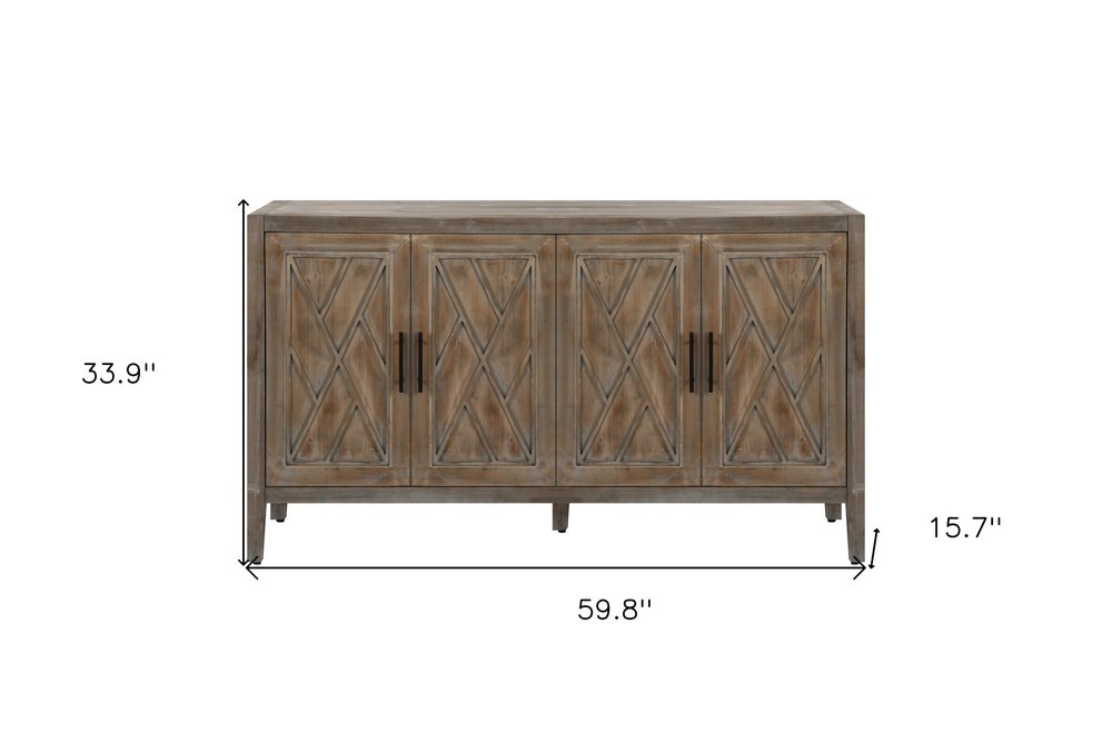 Natural and Brown Distressed Carved Geometric Sideboard with Four Doors