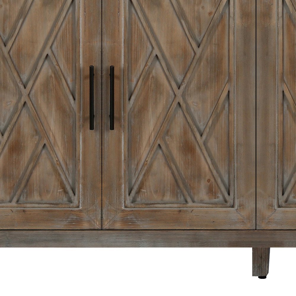 Natural and Brown Distressed Carved Geometric Sideboard with Four Doors