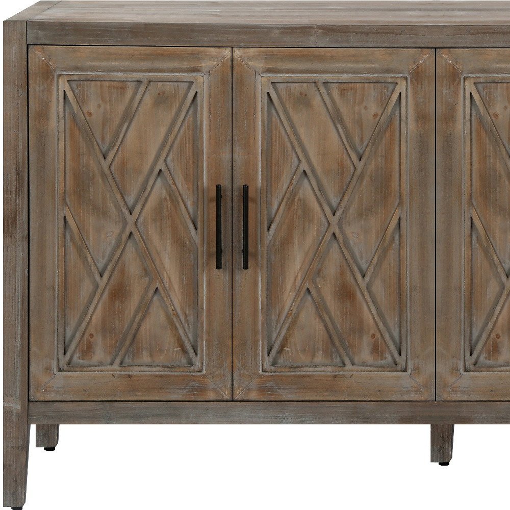 Natural and Brown Distressed Carved Geometric Sideboard with Four Doors