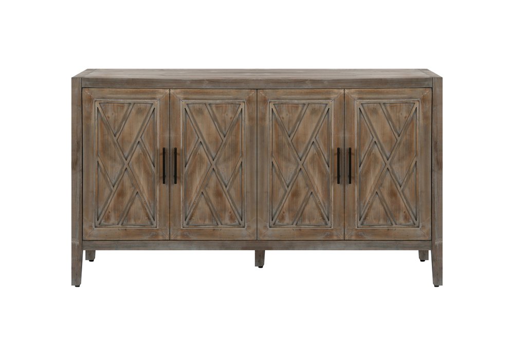 Natural and Brown Distressed Carved Geometric Sideboard with Four Doors