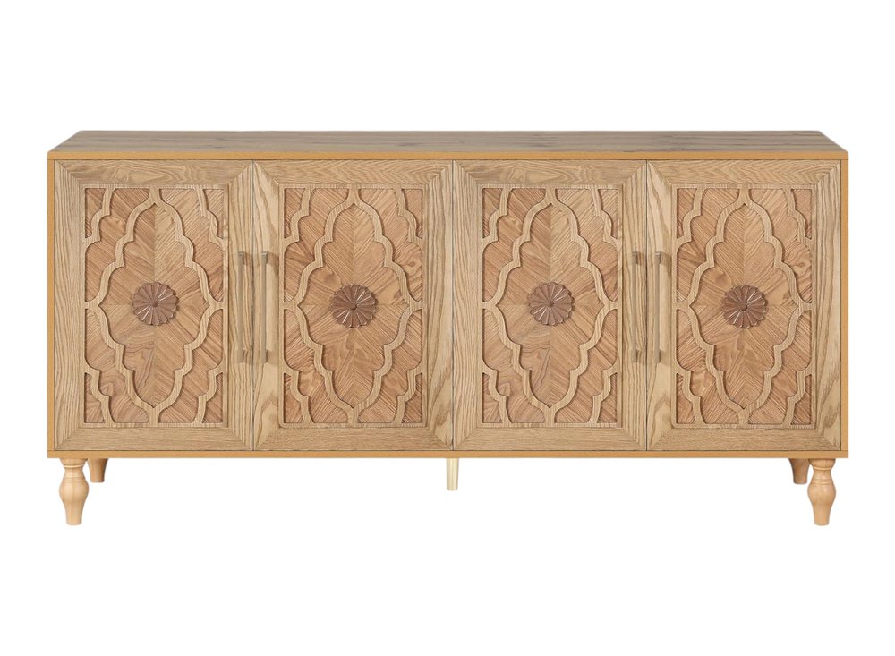 Natural Distressed Carved Geometric Sideboard with Four Doors - 68-inch