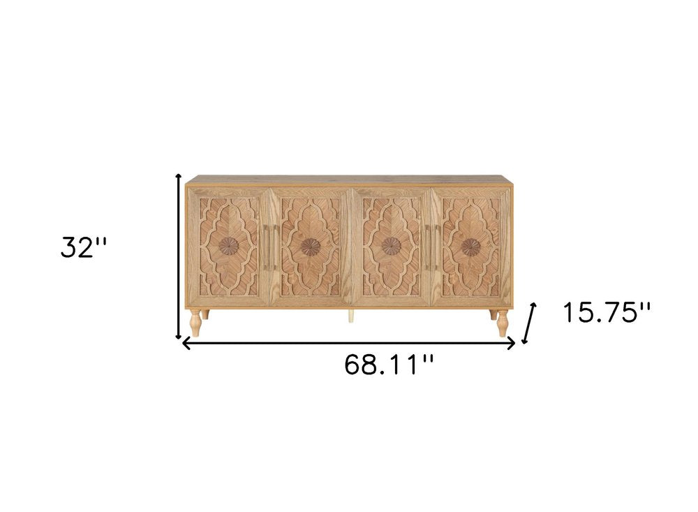 Natural Distressed Carved Geometric Sideboard with Four Doors - 68-inch