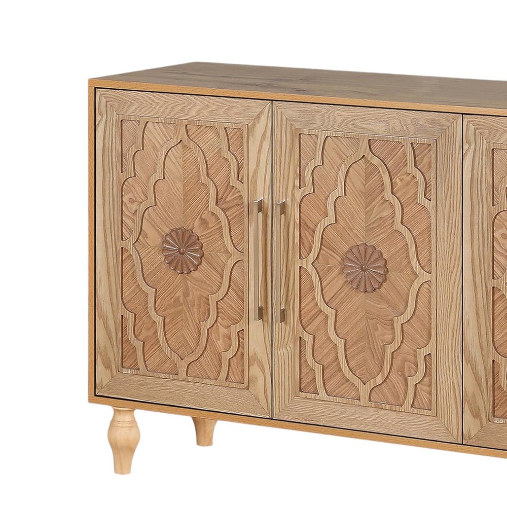 Natural Distressed Carved Geometric Sideboard with Four Doors - 68-inch