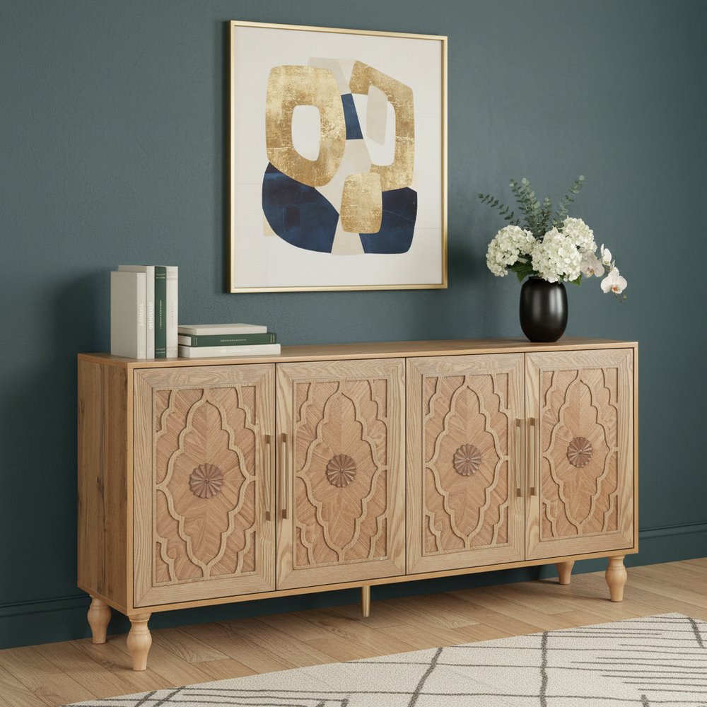Natural Distressed Carved Geometric Sideboard with Four Doors - 68-inch