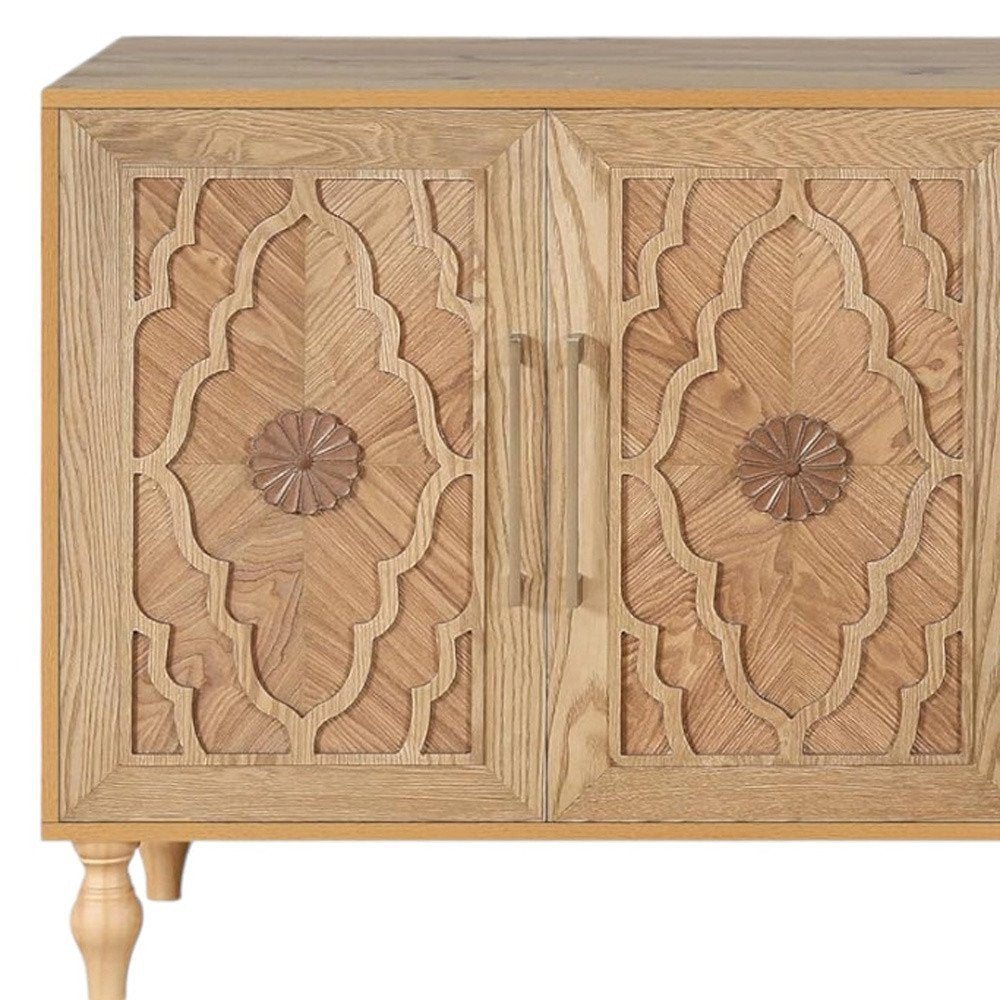 Natural Distressed Carved Geometric Sideboard with Four Doors - 68-inch