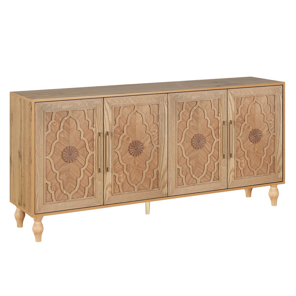 Natural Distressed Carved Geometric Sideboard with Four Doors - 68-inch